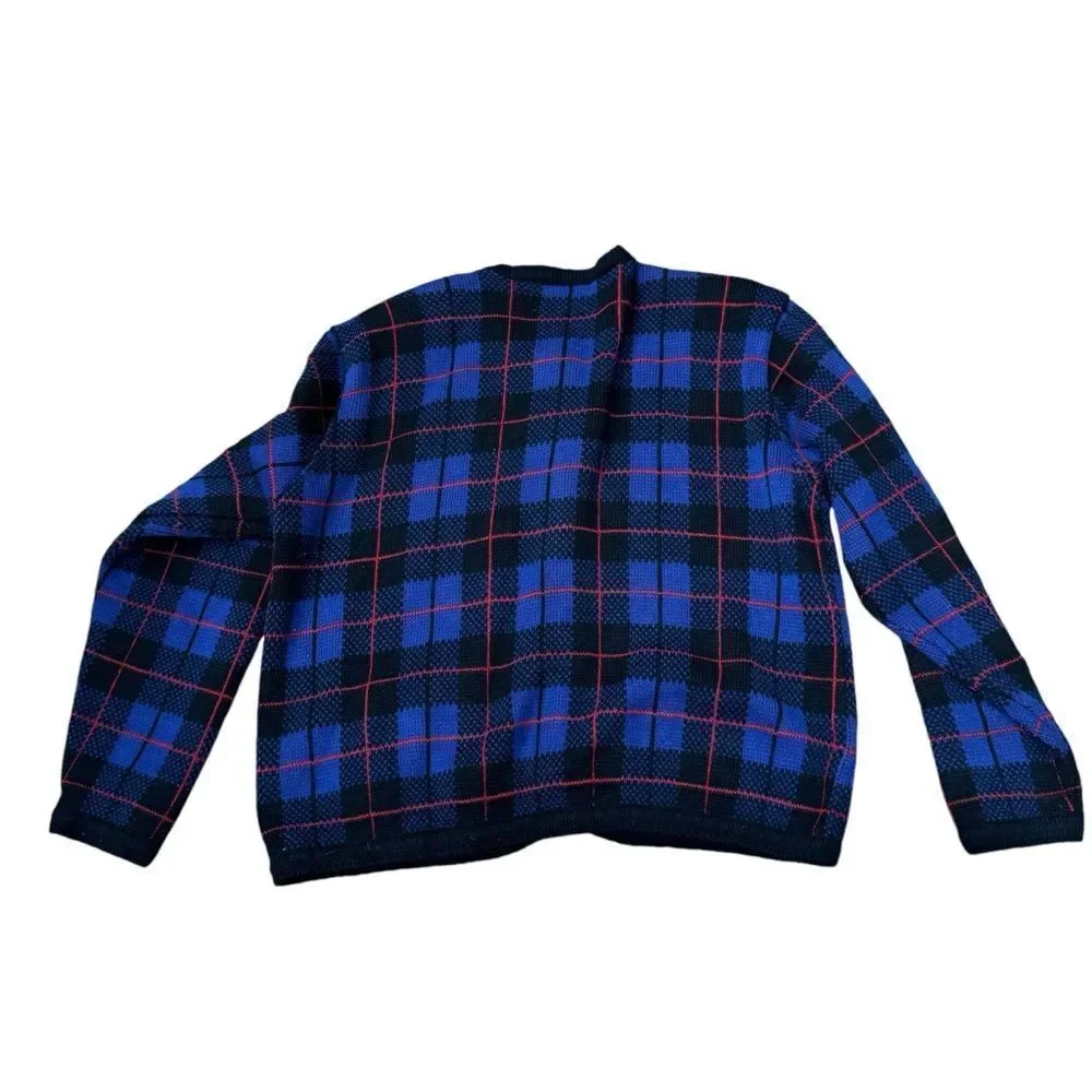 Segue Vintage Preppy Plaid Gold Button Crewneck Cardigan Sweater